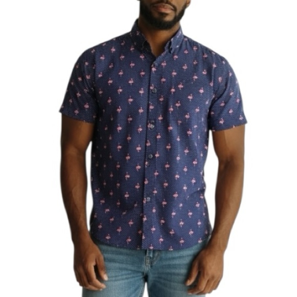 Molokai Short Sleeve Button Up XL Polka Dot Blue Flamingo Cotton Casual